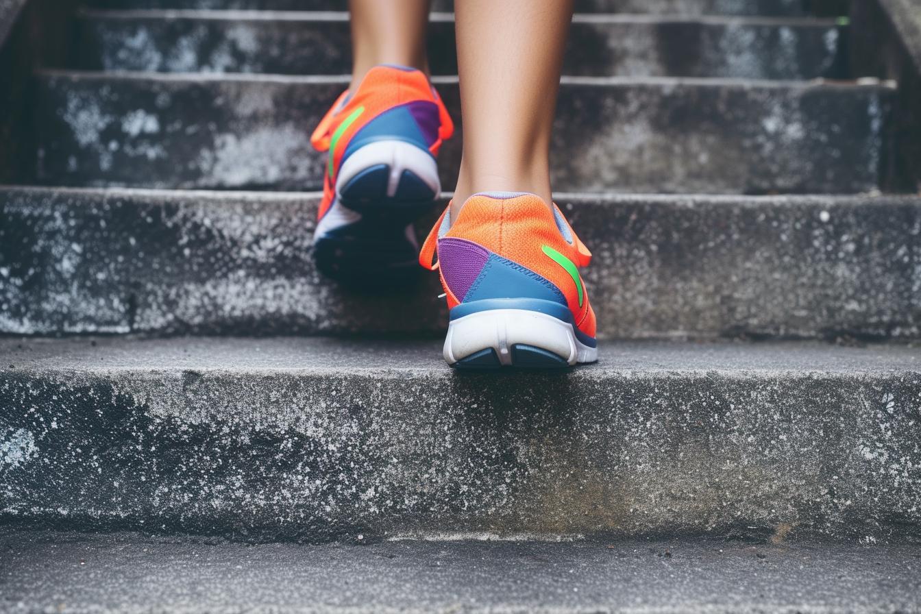 person wearing orange and gray Nike shoes walking on gray concrete stairs